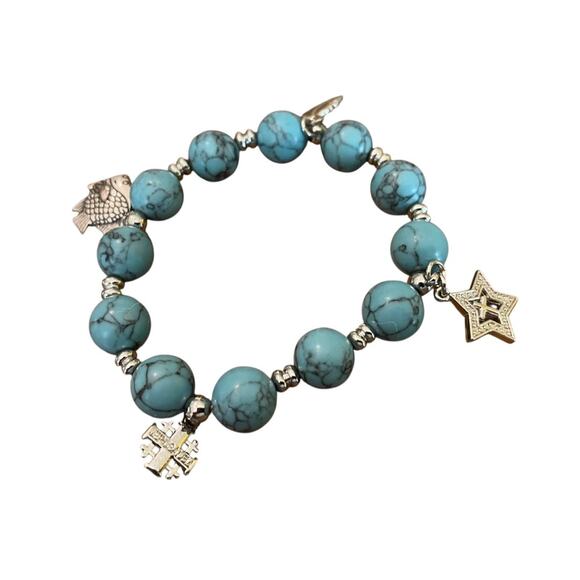 Beaded Stretch Silvertone Fish Feather Star Jerusalem Cross Bracelet Blue NWOT - Picture 2 of 12